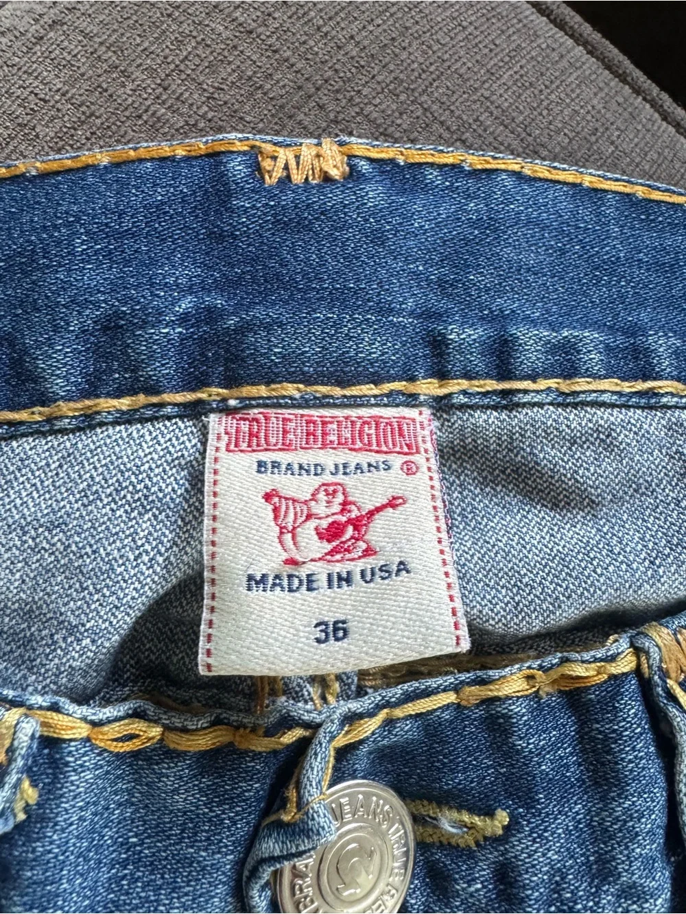 True Religion RICKY SUPER QT Blue Bootcut Jeans with Yellow Stitching RARE